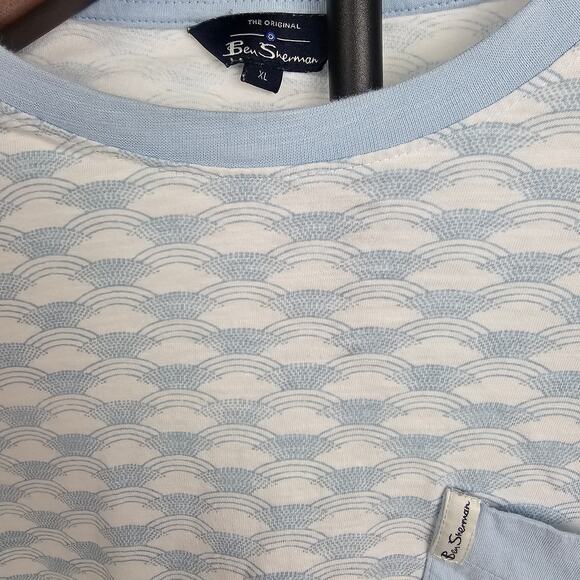 Ben Sherman Tee XL Light Blue Wave Pattern Pocket Cotton Shirt Mod Retro - Picture 2 of 3